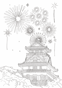 花火とお城｜高齢者用塗り絵無料プリント | ぬり絵の力
