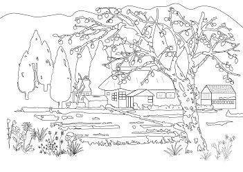 農村と柿木｜高齢者用無料風景塗り絵プリント | ぬり絵の力