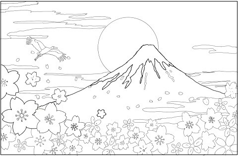 富士山と桜と鷲 高齢者用無料風景塗り絵プリント ぬり絵の力