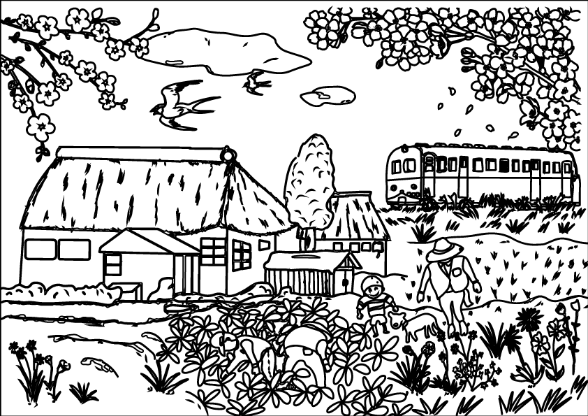 農村と桜と電車 高齢者用塗り絵無料プリント ぬり絵の力
